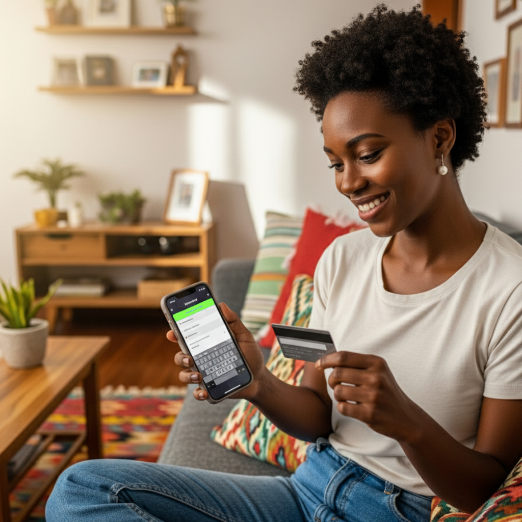 Mulher elegante sentada em um sofá moderno, sorrindo ao olhar para o celular